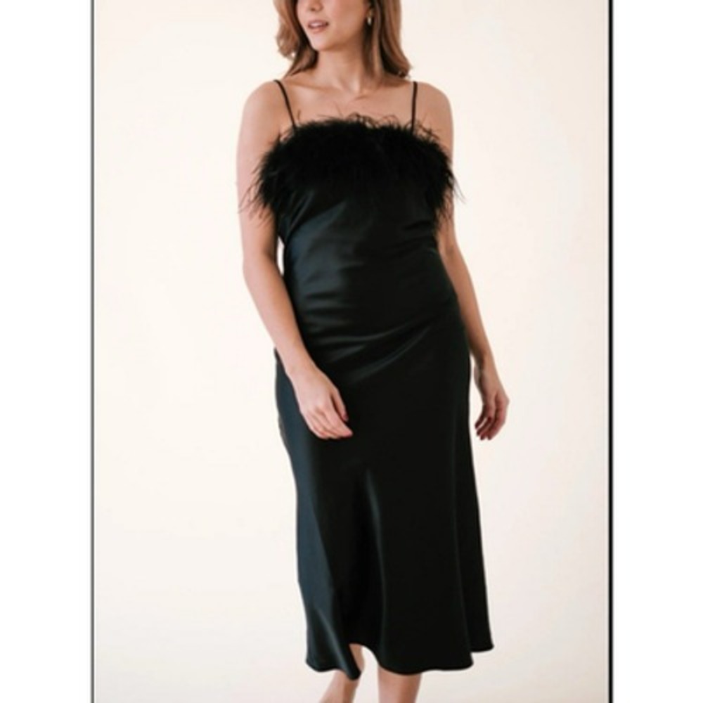 Lucy Paris Feather Trim Slip Midi Dress Size Medium New
